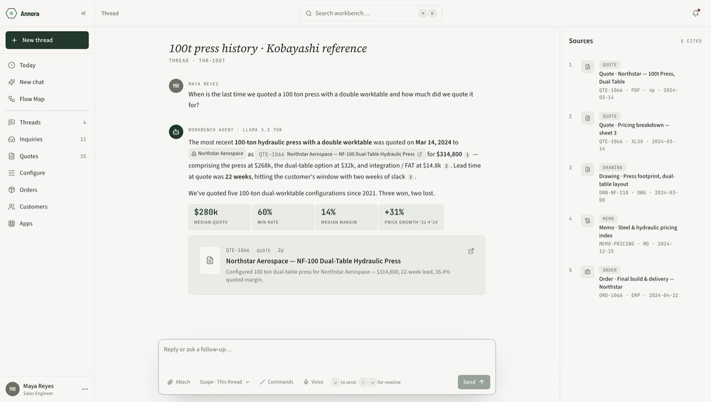 Annora question page (product screen, demo data) returning a sourced answer pulled from quotes, drawings, memos and orders