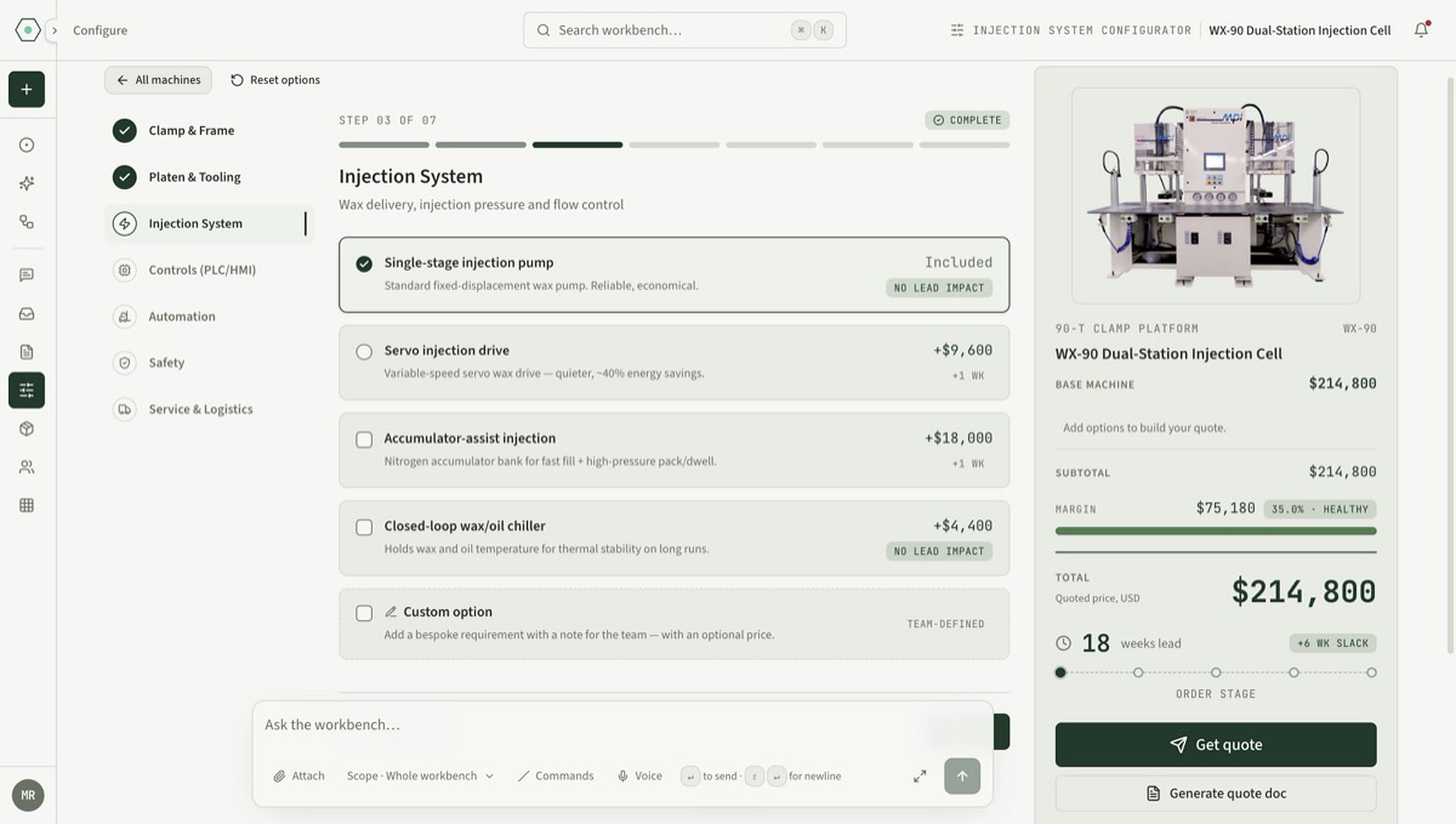 Annora quote builder (product screen, demo data) configuring a wax-injection cell