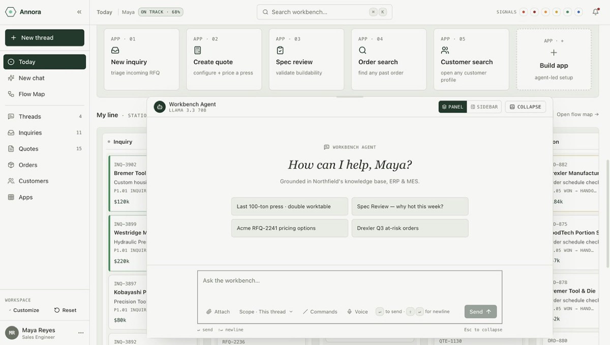 Annora workbench (product screen, demo data) answering a plain-language question grounded in a knowledge base, ERP and MES