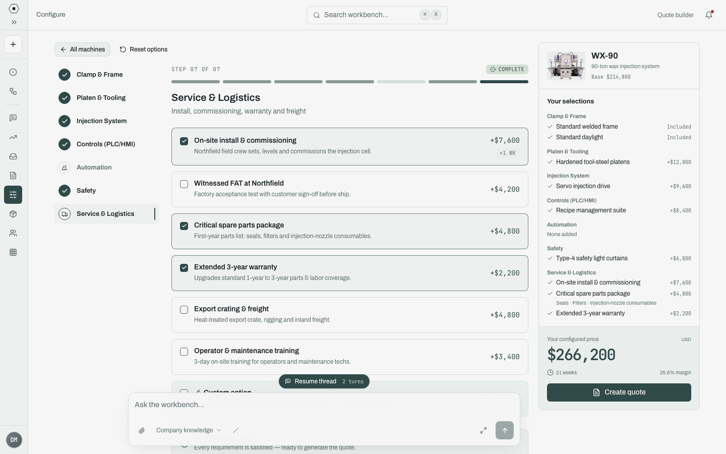 Annora's configurator with the complete selections, extended warranty and critical spare parts package beside the price, using example data