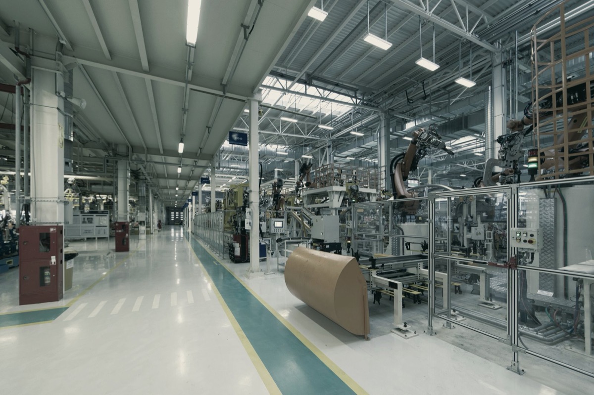 A wide view of a modern automated production line, the whole operation an ERP investment has to pay back