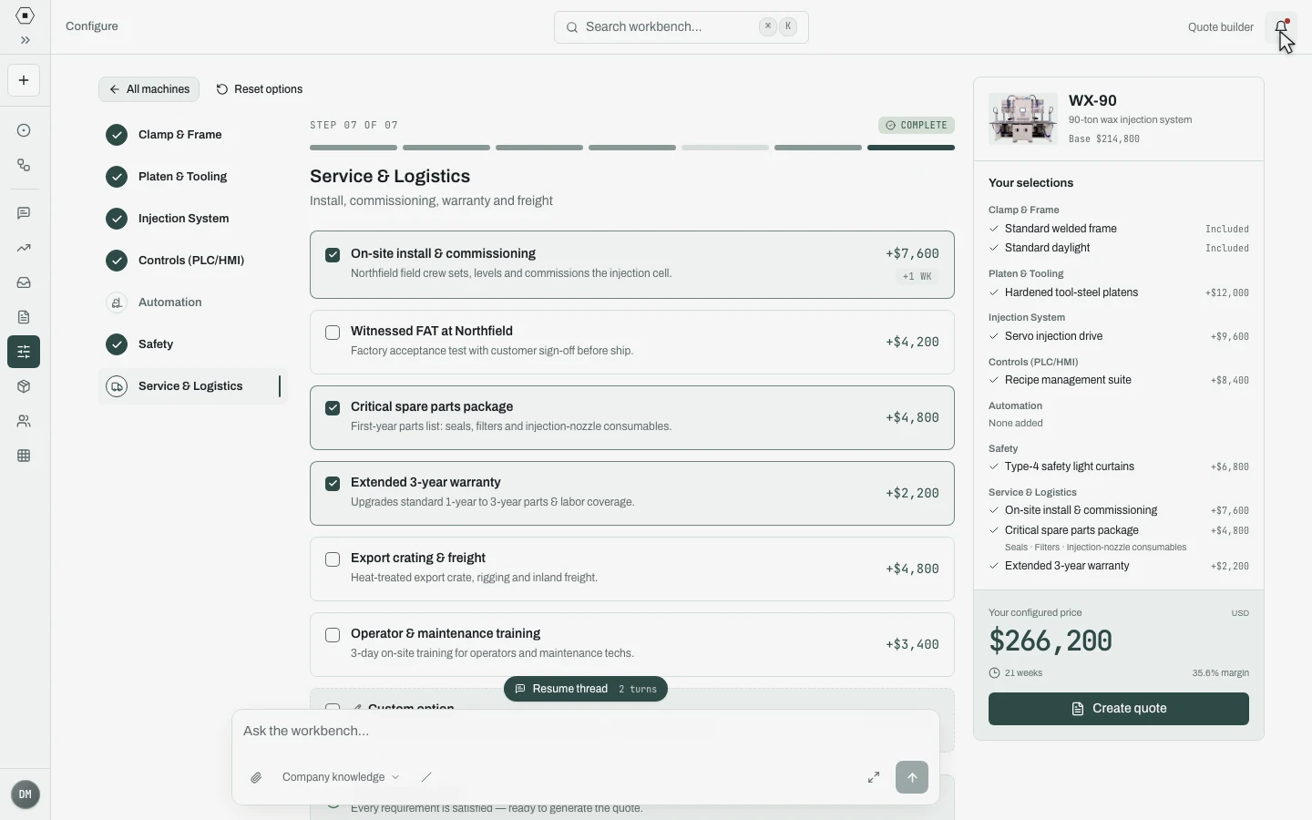 Annora's quoting workspace, shown with example manufacturing data.